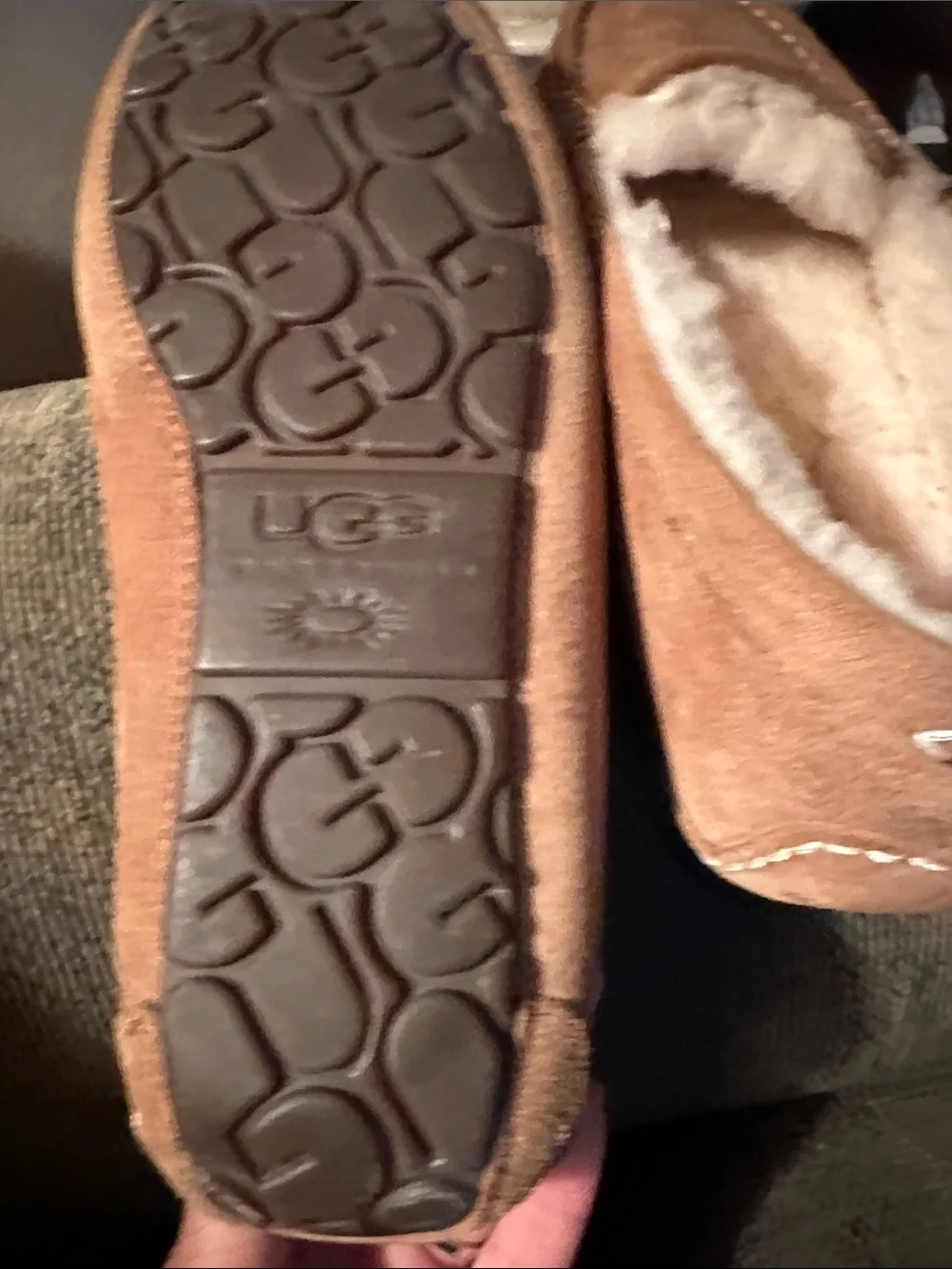 UGG Womens Chestnut/Tan Suede Shearling-Lined Moccasin Slippers - Picture 3 of 4